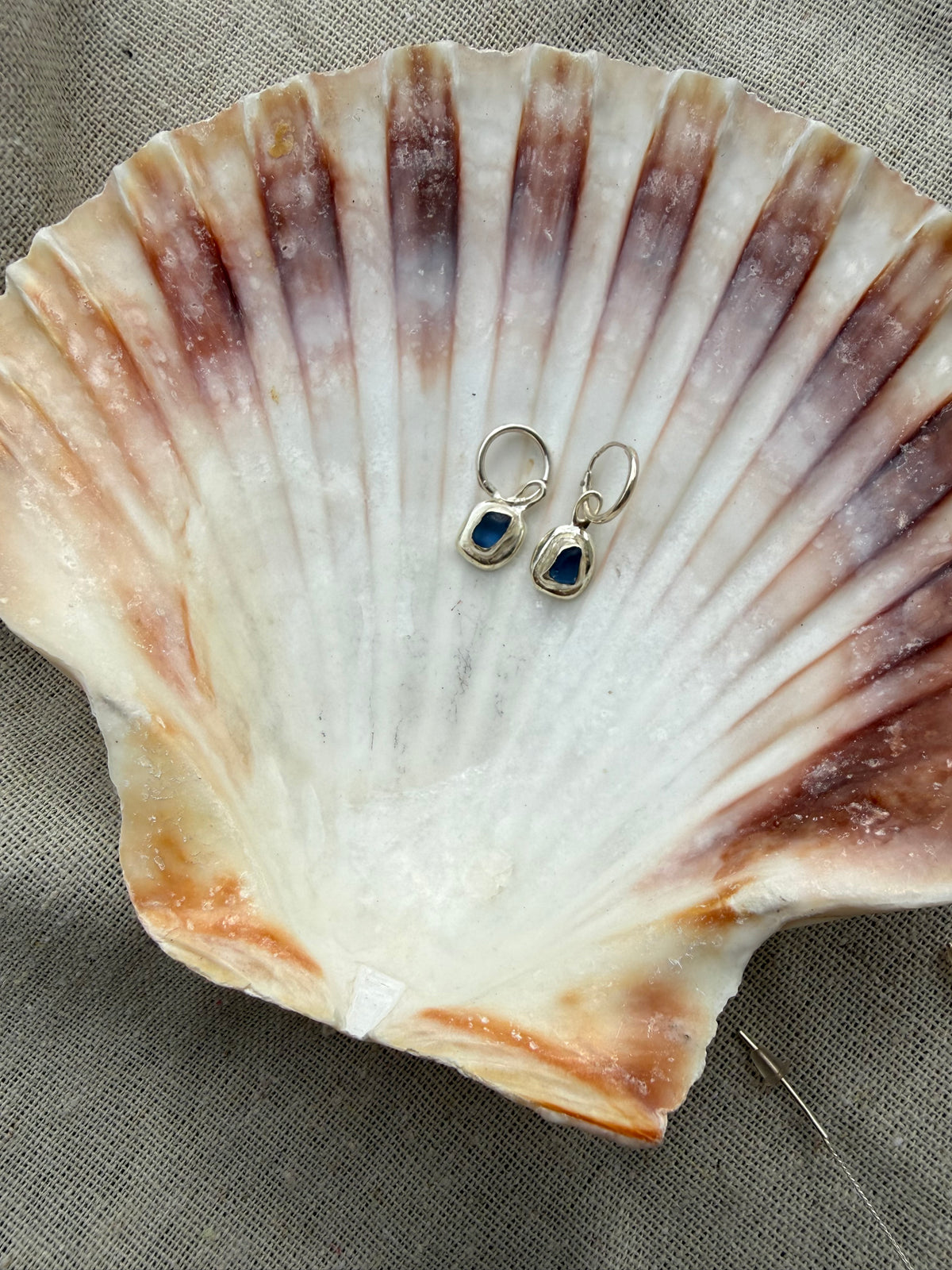 Molten Sterling Silver Cornflower Blue Seaglass Huggie Hoops