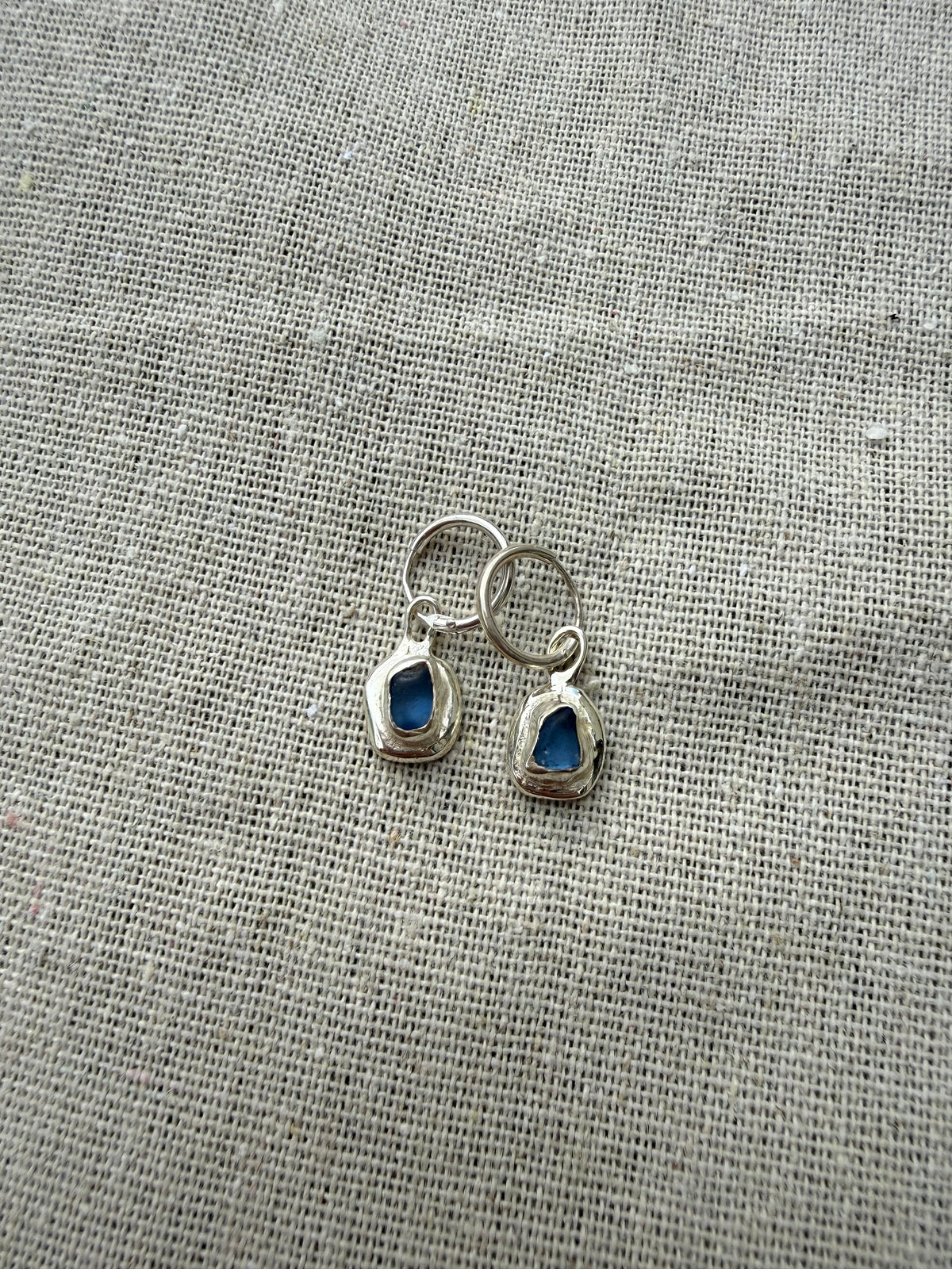 Molten Sterling Silver Cornflower Blue Seaglass Huggie Hoops
