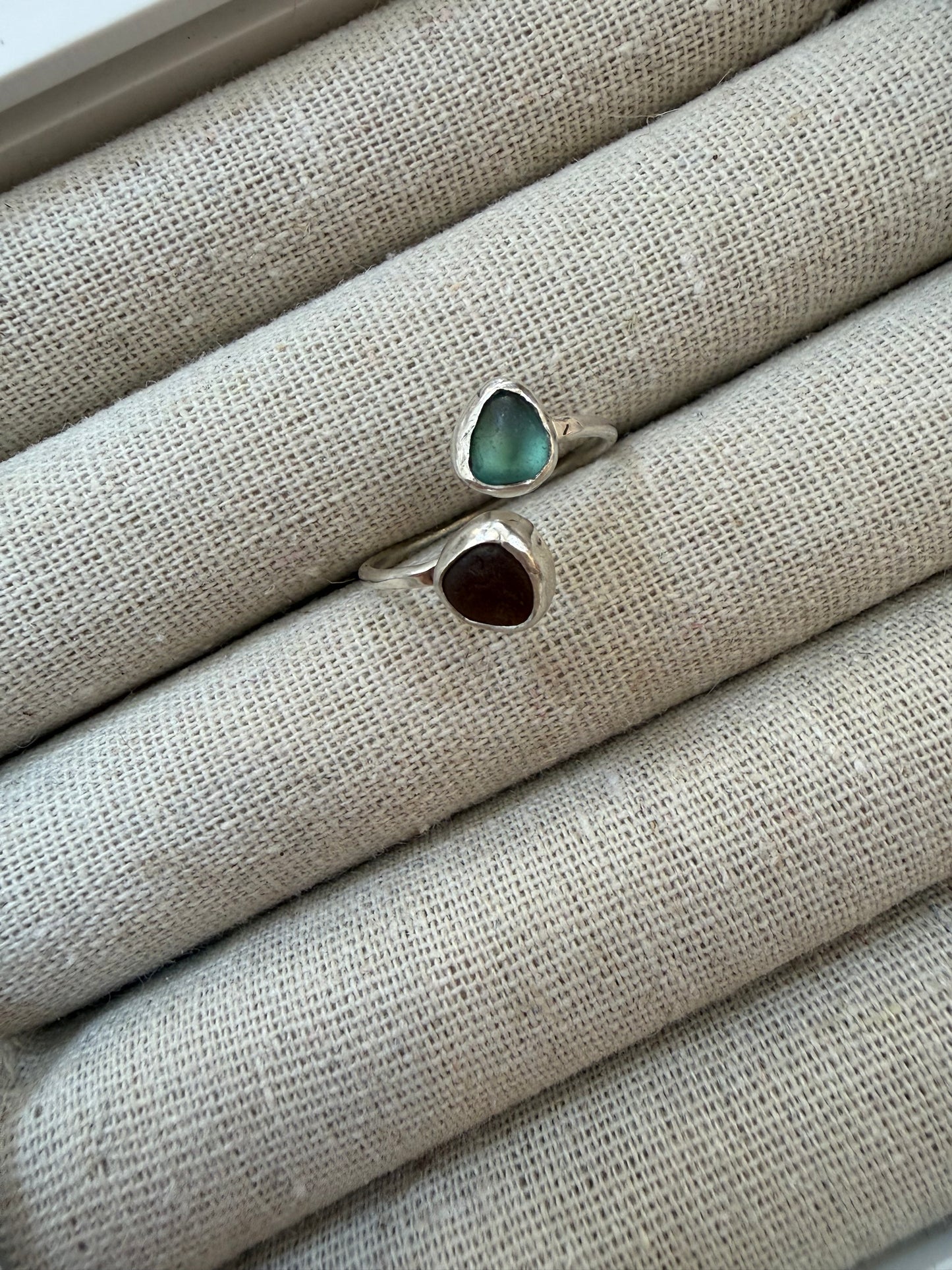 Turquoise and Brown Adjustable Seaglass Ring
